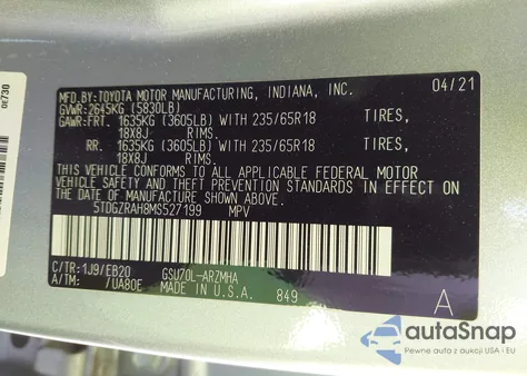 2021 Toyota Highlander Xle z USA, uszkodzony, nr VIN 5TDGZRAH8MS527199